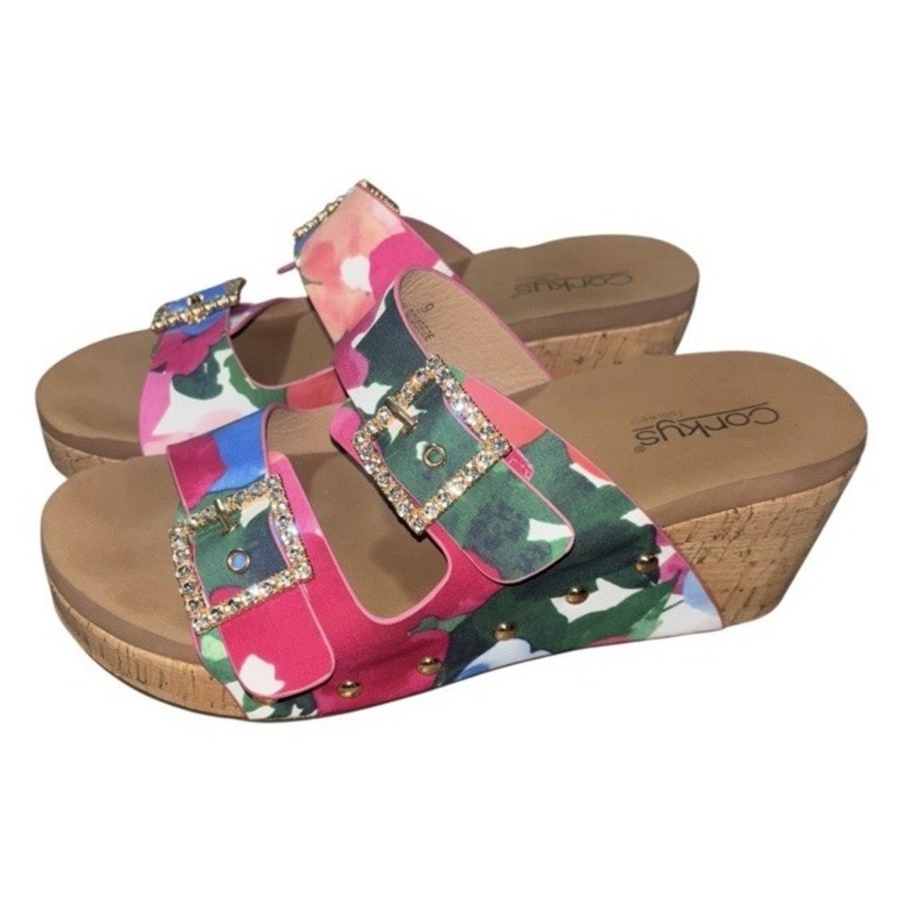 SOLD Main Squeeze Womens 9 Floral Wedge Slide Sandals Studded Rhinestone Glam